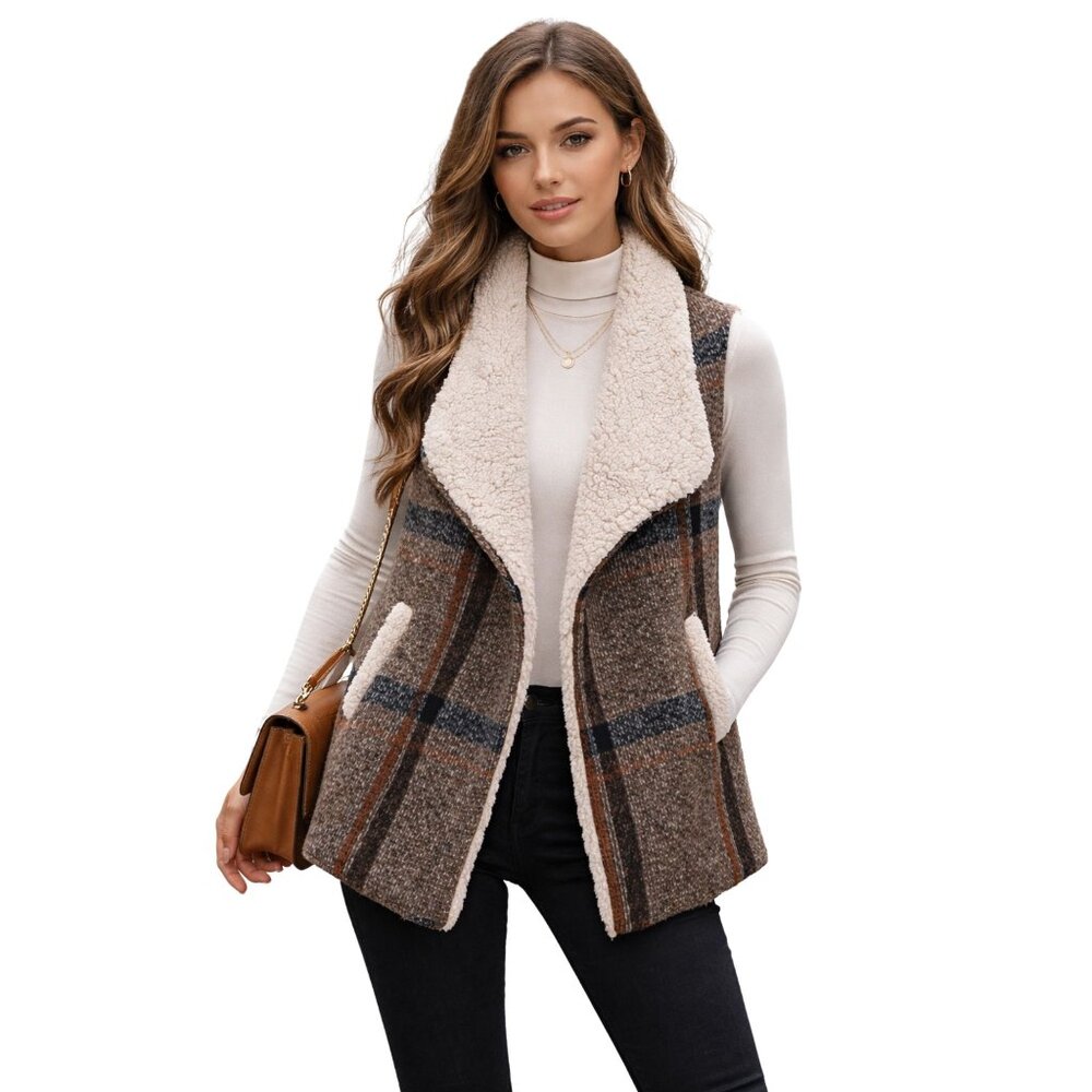 Sherpa Vest Super Cozy Warm with Pockets Plaid Prints Brown NWT